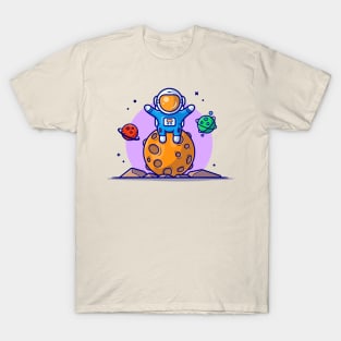 Cute Astronaut Sitting On Planet Space Cartoon Vector Icon Illustration T-Shirt
